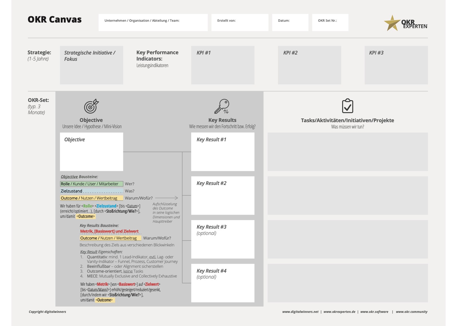 OKR canvas: template with fields for strategy, KPIs, objective, key results and tasks